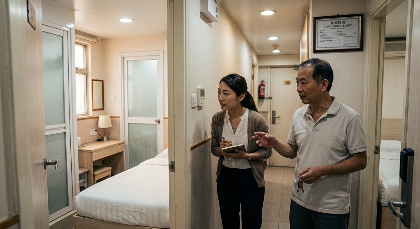 賓館走廊及房間,牆上掛有賓館牌照